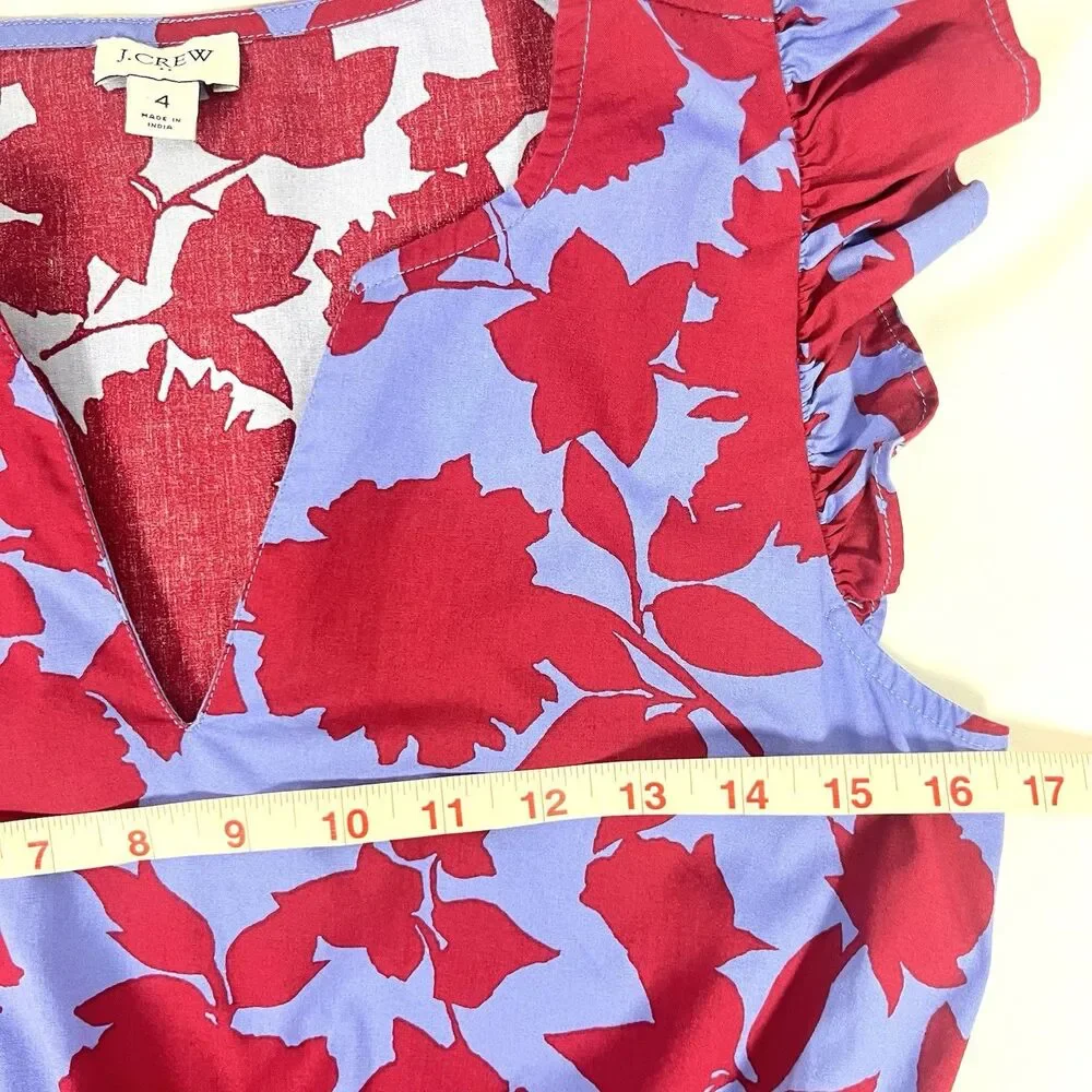 J.Crew Dress Size 4 Purple Red Floral Midi Ruffle Sleeve Cotton Tiered Casual